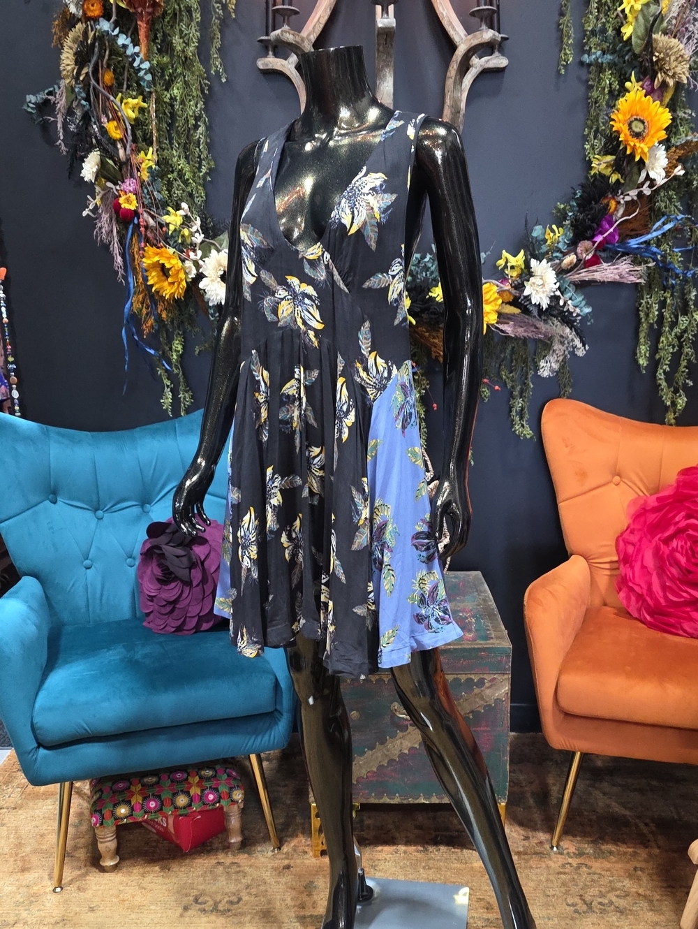 Free People Black and Blue Floral Panel Mini Dress